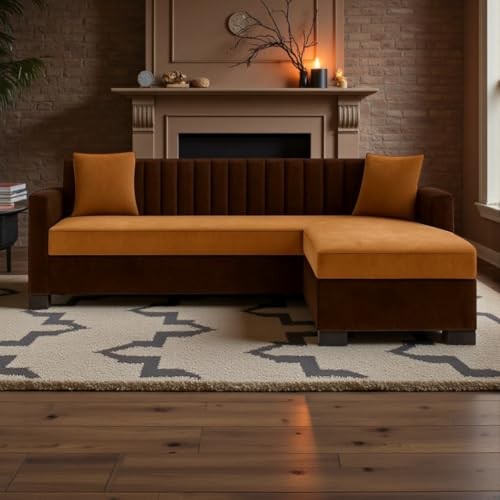 FURNY Grovila Fabric 4 Seater Convertiable L Shape Sofa Set 3 Seater Modern Sofa Set & Ottoman for Living Room (Brown-Camel) with Velvet Fabric | Durable Comfort | Modern Design |