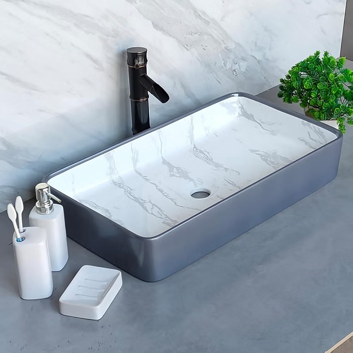WASSMIST Premium Wash Basin | Designer Ceramic Washbasin | Acid & Fade Resistant Table Top Bathroom Sink (23.62x13.58x4.13 Inch)