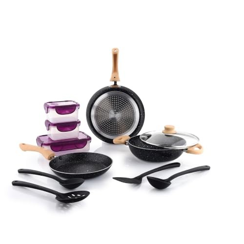 Crystal Aluminum 11 Pcs Non Stick Cookware Set with Induction Bottom | Tawa, Fry Pan, Kadhai with Lid, 4 Serving Spoons, 3 Containers | 4 Layer Non Stick Coating | PFOA Free | Black