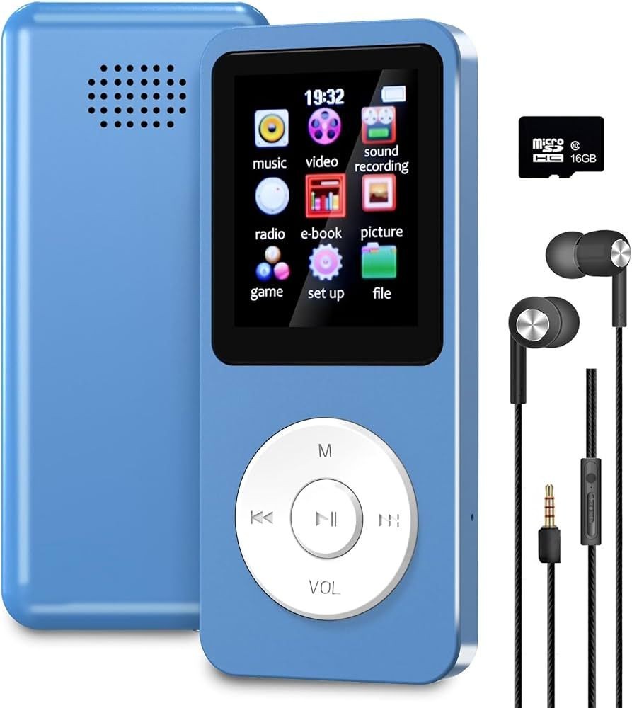 Sounce 16GB Mini MP3 Music Player with Bluetooth 5.4, HiFi Lossless Audio, Video Playback, Voice Recording, FM Radio, E-Book Reader & Built-in Speaker | Expandable Up to 128GB (Blue)