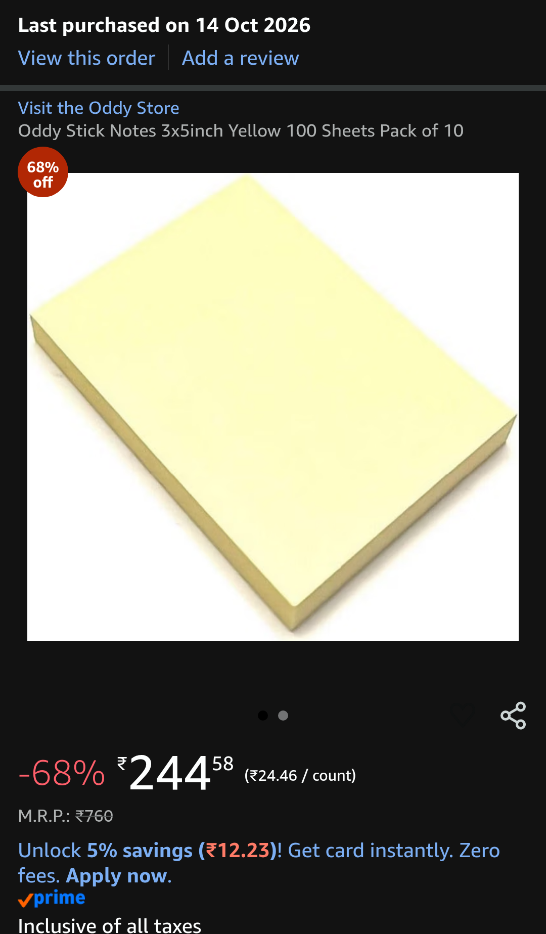 Oddy Stick Notes 3x5inch Yellow 100 Sheets Pack of 10 68% off