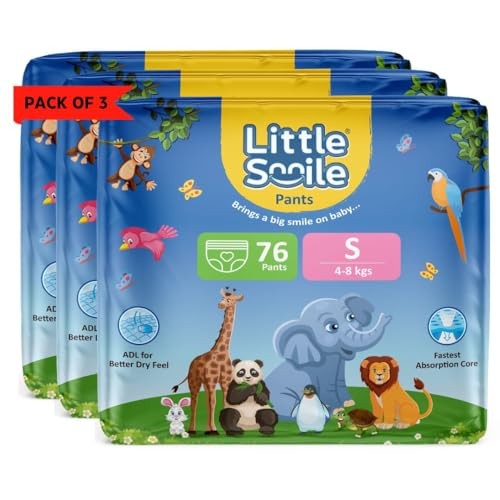 Baby Diapers Pant Style | Size - S - 76 (Pack of 3) | Odorless and Antibacterial Layer with Urine Indicator (228 Pieces)