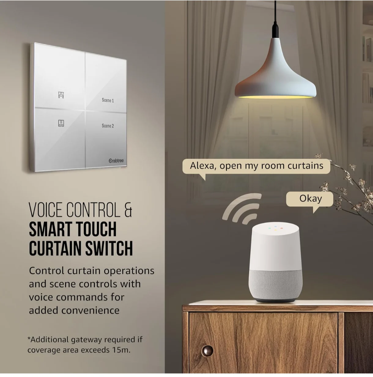 Havells Crabtree iSense Smart Monoblock Touch Panel with 1 Curtain Controller & 2 Scene(White) I Compatible with 2M Gang Box I Mesh connectivity I Compatible with Alexa, Google Home