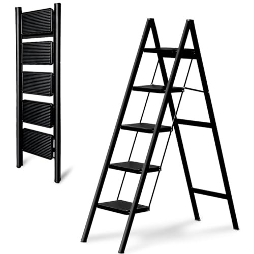JIALTO 5 Step Metal Ladder for Home, Foldable Lightweight Stepping Stool with Wide Pedals, Anti Slip Heavy Duty 200 Kg Capacity, Portable Ladder for Kitchen, Office, Library (Matte Black)