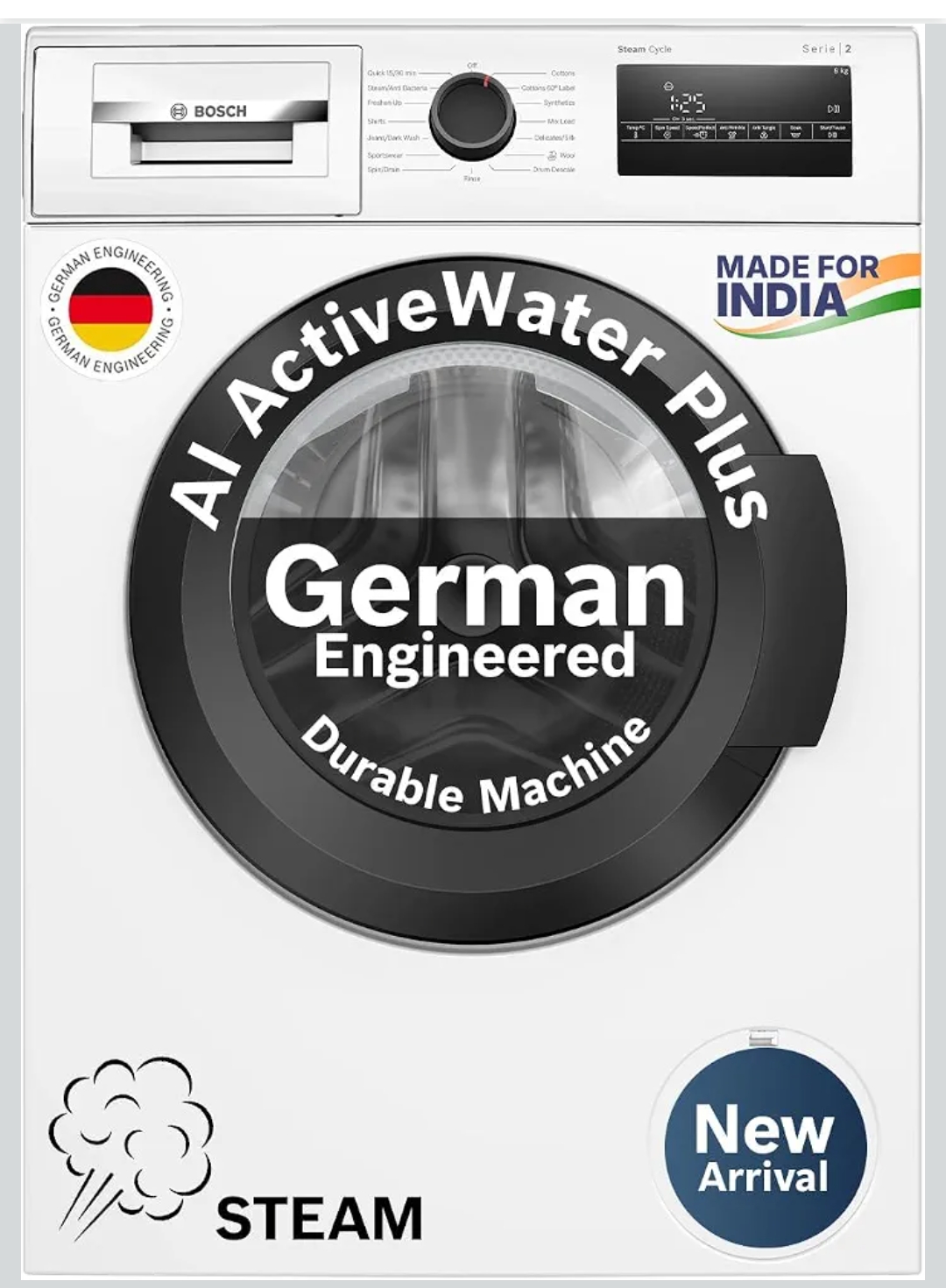 Bosch 8 kg 5 Star Front Load Fully-Automatic Washing Machine, AI ActiveWater, 15 Wash Programs, Removes 99.9% Germs with Steam, No Tangle or Wrinkle,White, WAJ28260IN