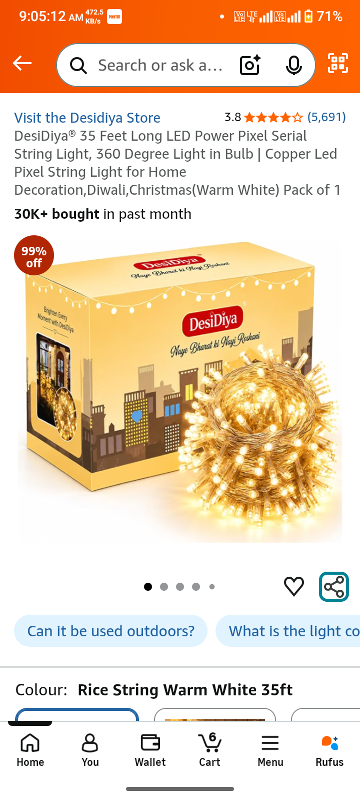 DesiDiya® 35 Feet Long LED Power Pixel Serial String Light, 360 Degree Light in Bulb | Copper Led Pixel String Light for Home Decoration,Diwali,Christmas(Warm White) Pack of 1