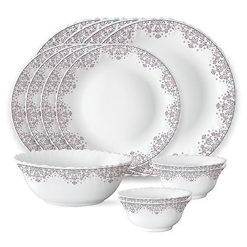 Larah by Borosil Lark Fluted Series Opalware Dinner Set | 13 Pieces for Family of 4 | White