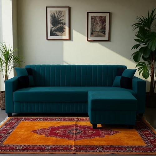 FURNY Grovila Fabric 4 Seater Convertiable L Shape Sofa Set 3 Seater Modern Sofa Set & Ottoman for Living Room (GreenishTeal) with Velvet Fabric | Durable Comfort | Modern Design | Ideal f