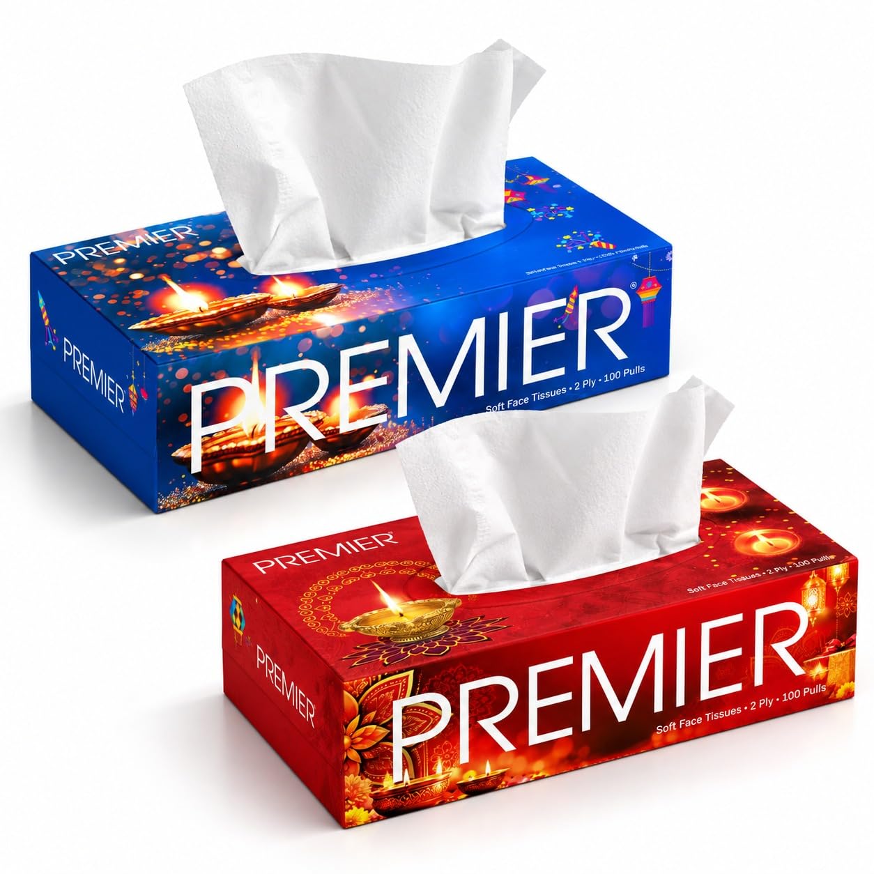 Premier 2-Ply Tissue Paper Box, 100 Pulls Each, Pack of 2 | Red & Blue | Special Diwali Edition Tissue Boxes | Festive Table & Home Essentials