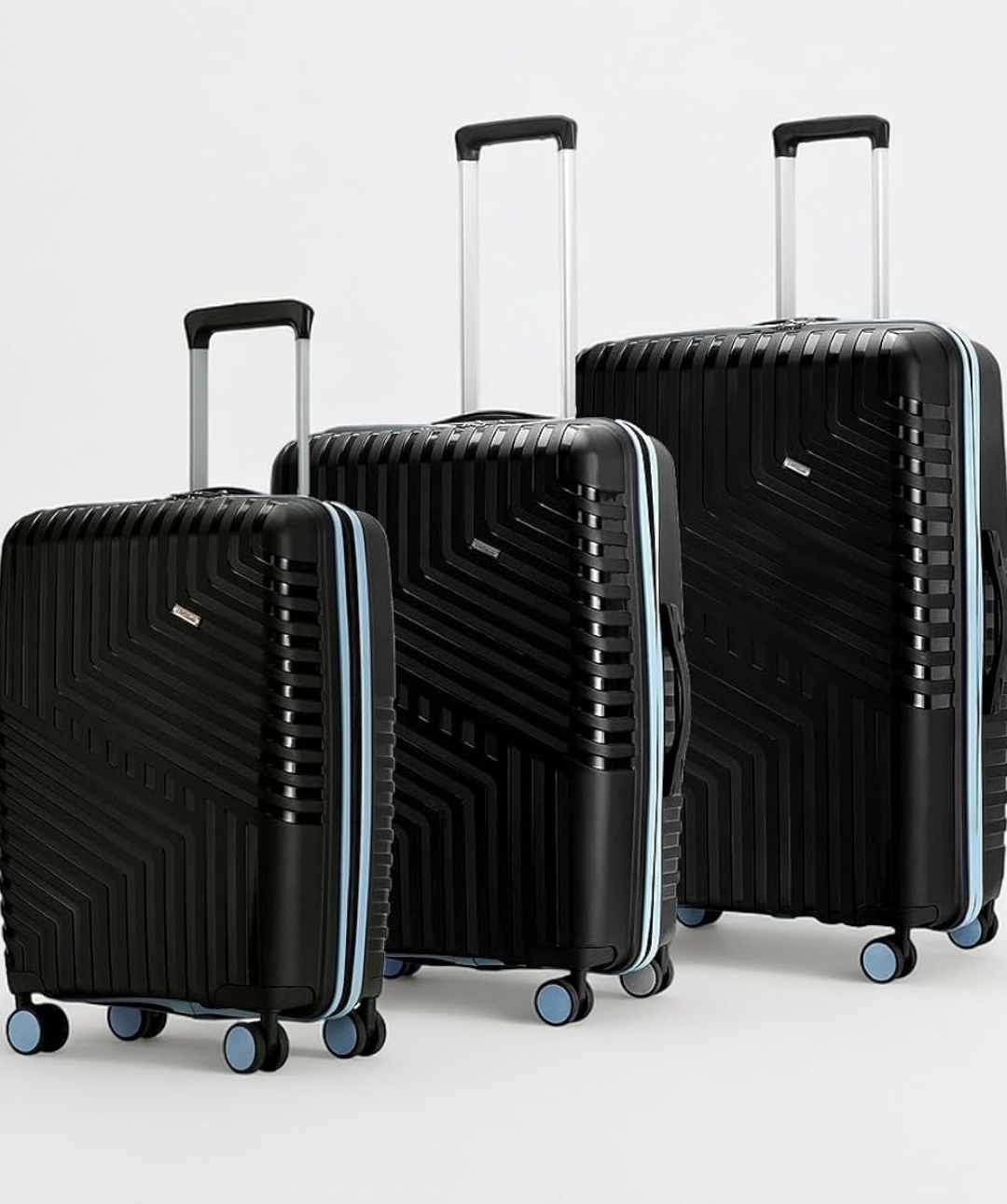 LAttitude By Provogue Core Set of 3 Trolley Bags Cabin + Medium + Large Polypropylene Hard Suitcase, 8 Spinner Wheels, Recessed Number Lock, Luggage for Men & Women Midnight Black/Arctic Blue