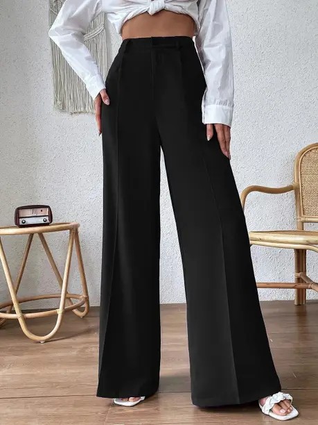 KOTTY Women High-Waist Black Flared Viscose Rayon Trousers | Wide-Leg Formal & Casual Loose Fit Trousers