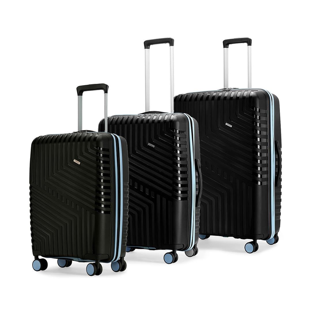LAttitude By Provogue Core Set of 3 Trolley Bags Cabin + Medium + Large Polypropylene Hard Suitcase, 8 Spinner Wheels, Recessed Number Lock, Luggage for Men & Women Midnight Black/Arctic Blue
