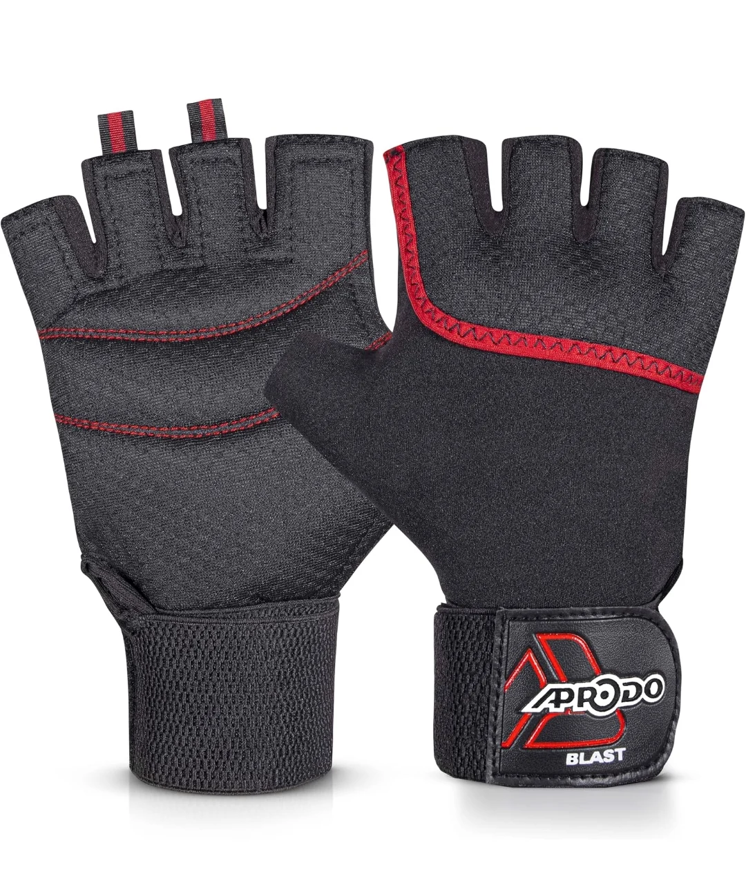 Aprodo Neoprene Half Finger Workout Gym Gloves with Wrist Support Strap | 1 Pair - Free Size (Red-Black) | Fitness Gloves with Breathable Non-Slip Grip | Wrist Band for Dumbbell, Exercise