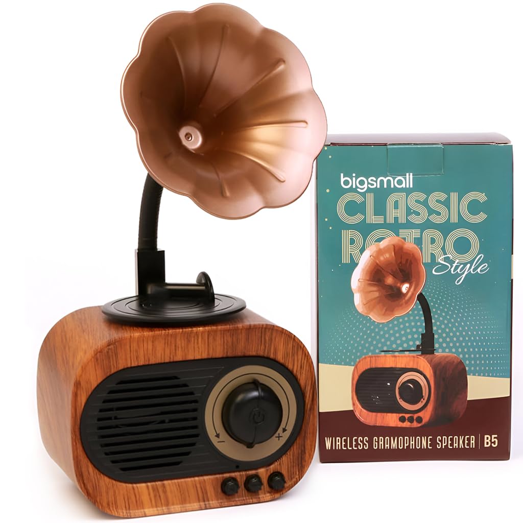 Bigsmall Vintage Retro Gramophone Bluetooth Speaker Premium Retro-Style Vintage Portable Decorative Speaker with Hands-Free Calling, Rich Sound Quality, 6-Hour Battery Life Includes 6-Month Warranty