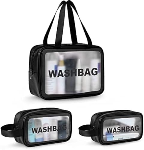 KASHIVAL Clear Travel Toiletry Bags Set, Waterproof Organizer Pouches, Large Capacity Storage Cases for Cosmetics, Accessories, 3 Pack (Black)