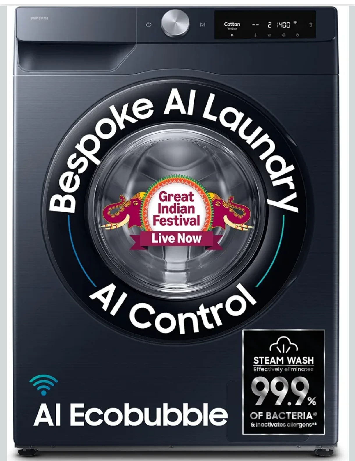 Samsung Smart Choice 9 kg, 5 Star, AI Control, AI Ecobubble, Super Speed, Wi-Fi, Hygiene Steam with Inbuilt Heater, Digital Inverter, Fully-Automatic Front Load Washing Machine (WW90DG6U24ASTL, NAVY)