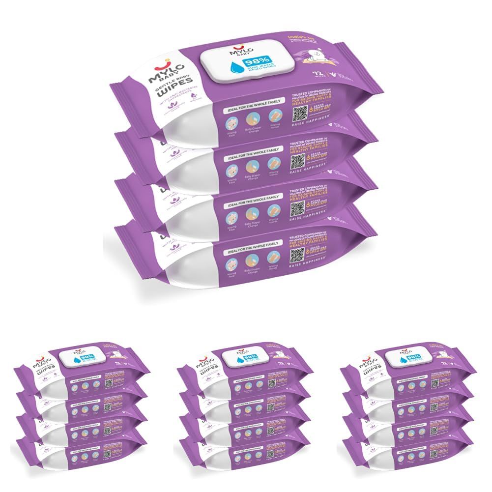 Mylo Gentle Baby Wipes with Lid (72 Wipes x 16 Pack - 288 Water Wipes) | Natural Wet Wipes with Organic Coconut Oil & Neem| Cotton Cloth with Extra Thick