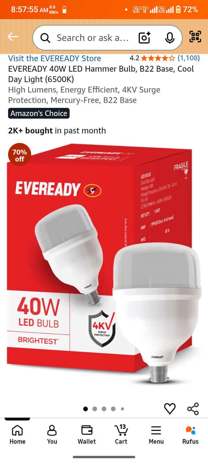 EVEREADY 40W LED Hammer Bulb, B22 Base, Cool Day Light (6500K)